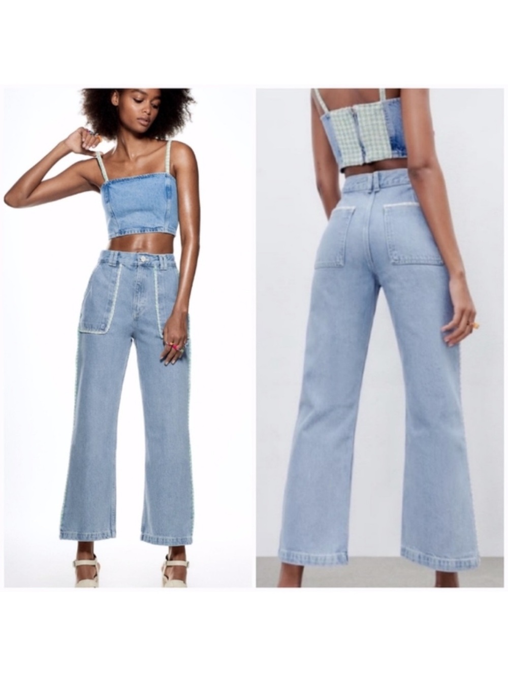 Zara‎ High Rise Tweed Trim Jewel Button Crop Wide
Leg Light Wash Jeans